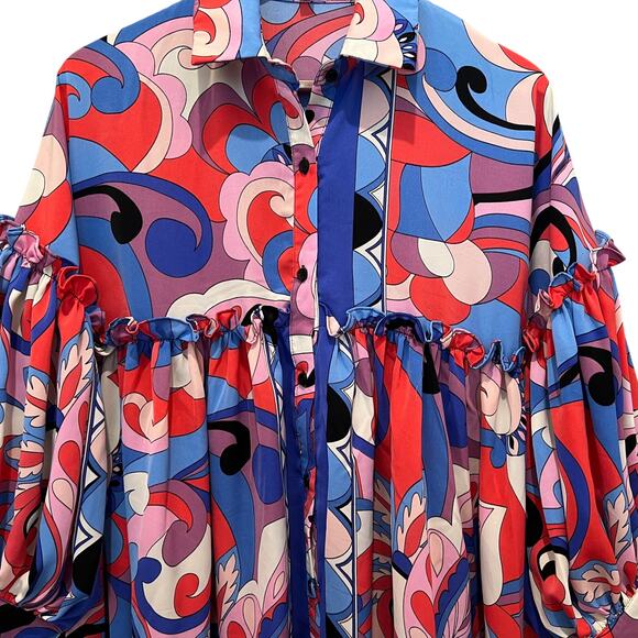 BEULAH STYLE Midi Dress One Size Collared Button Up Ruffle Colorful Abstract - Picture 2 of 8